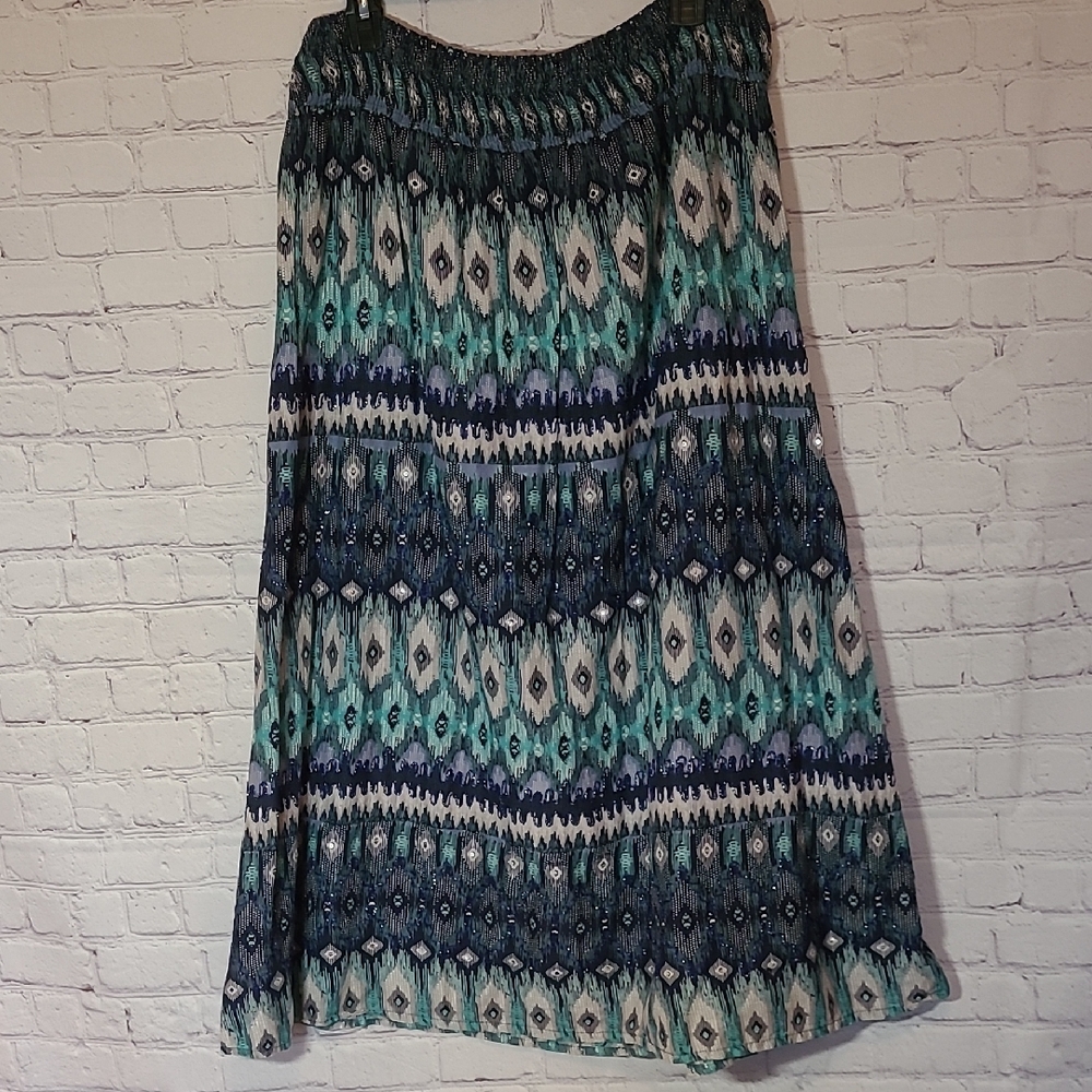 Navy Teal Blue Size Medium Cato Skirt Flowy A Line Midi Cotton Boho Gypsy